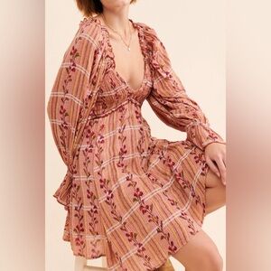 Free People Jackie Smocked Deep V-Neck Mini Dress Floral Print Size S/P